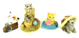 4 Vintage Mini Cat Kitten Mouse In Shoe With Summer Hat Figurines - Cute 1 ",  2.  5 "
