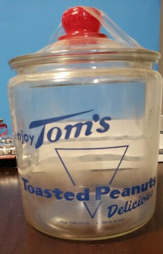 Vtg Blue Tom’s Toasted Peanuts General Store Glass Jar W/lid Embossed Red Knob