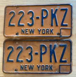 Vintage Matching Pair York State License Plate 1980’s Yellow & Blue 223 - Pkz