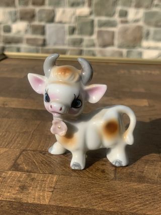 Adorable Vintage Ceramic White & Brown Bull With Big Blue Eyes,  Made In Japan