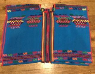 Guatemalan Huipil Vntg.  70’s Blue Hand - Embroidered Traditional Poncho