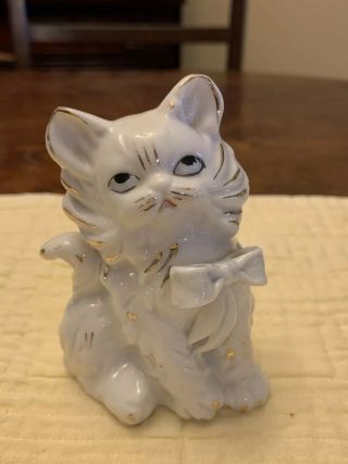 Vintage Porcelain Kitty Cat,  White With Blue Bow And Gold Accents,  Japan
