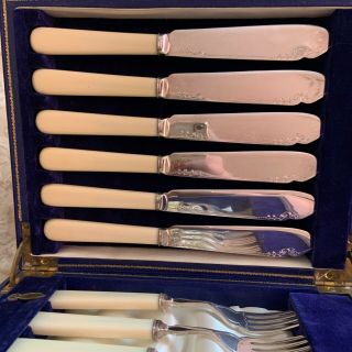 Antique Fish Knife & Forks Set Box Harrison Fisher & Co Ep A1