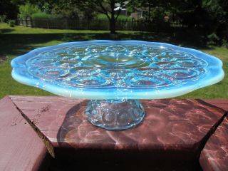 Vintage L E Smith Blue Opalescent Glass Moon & Stars Cake Stand