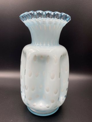Fenton Blue White Overlay Bubble Optic Pinch Vase Ruffle Crimped Vintage Cased