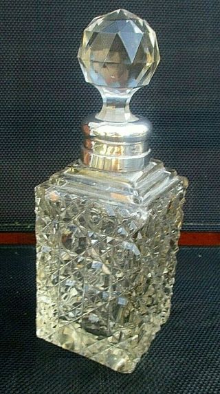 Antique Solid Silver Collar & Hobnail Cut Glass Cologne / Scent Bottle 1890s