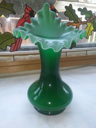 Vintage Fenton Ivy Green Overlay Jack In The Pulpit Vase Glass Big 9 " Inch Exc