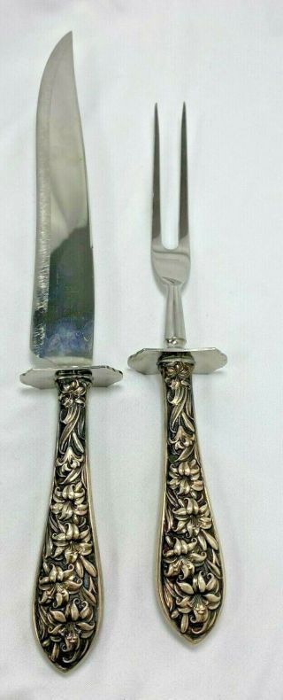 Antique Fm Whiting Lily Pattern Heavy Sterling Silver Carving Knife Fork Set