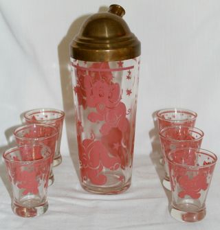 Gorgeous Mcm Dancing Pink Elephant Cocktail Shaker W/ 6 Matching Cordials