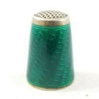 Vintage Norway Sterling Silver Enamel Thimble Guilloche Emerald Green Vtg