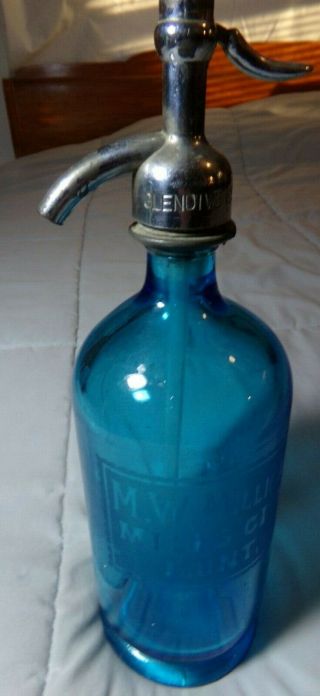 Vintage Blue Seltzer Bottle Etched Miles City Montana Glendive Ice & Bev.  Co.