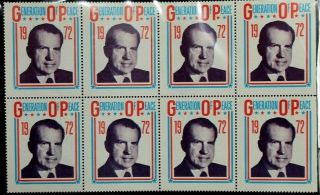 Sheet Of 8 Authentic 1972 Nixon Generation Of Peace Postage Stamps