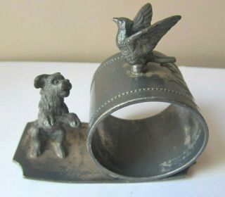 Antique Victorian Silver Plated Napkin Ring Figural Dog With Bird Aurora
