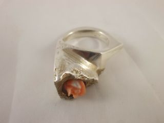Aparter Designer Ring Aus Silber Mit Korallen Rose Vintage Modernist 70er Ø16mm