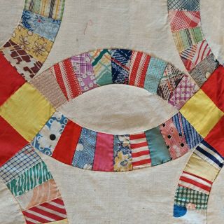 Vintage Quilt Top Double Wedding Ring Hand - Stitched 91 