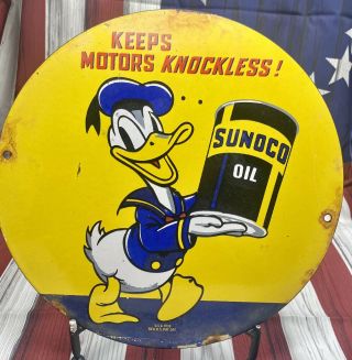 Vintage Walt Disney Porcelain Donald Duck American Sunoco Oil Pump Sign