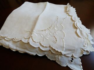 Vintage Linen Hand Embroidery Cut Out Large Dining Napkin Set Of 12 Off White