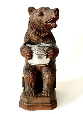 Black Forest Bear Carved Wood Match Holder With Small Islamic Silver Bowl - A/f