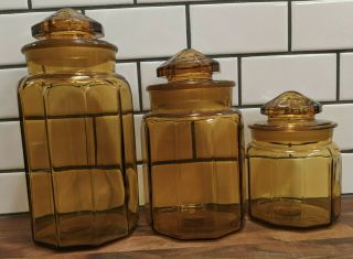 Set Of 3 Vintage Le Smith Amber Glass Paneled Canister Container Storage