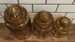Set Of 3 Vintage LE Smith Amber Glass Paneled Canister Container Storage 2