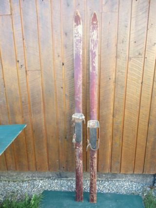 Vintage Hickory Wooden 77 " Skis Has Finish
