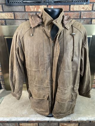 Vtg Adventure Bound Hooded Long Duster Brown Leather Flannel Jacket Mens Large
