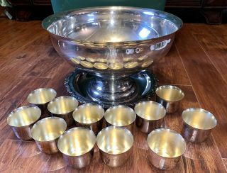Vintage Sheridan Eps Silver Plate Huge Punch Bowl W/tray & 12 Cups