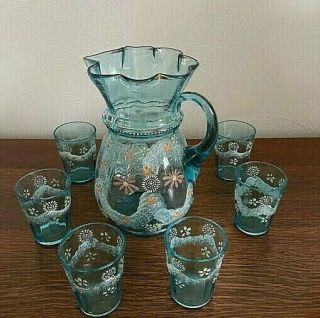 Vntg Fenton Victorian Blue Glass 7 pc Water Lemonade Set Hand Painted & Blown 3