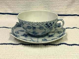 Vintage Royal Copenhagen 1130 Blue Fluted Full Lace Flat Cup Saucer Tiny Chip