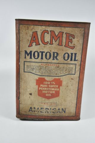 Vintage Acme Motor Oil 2 Gallon Can 100 Pure Pennsylvania Medium American Store
