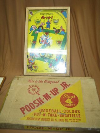 Vintage Poosh - M - Up Jr Table Top Pinball 4 - In - 1 Game W/ Box 11 " X 17 " Wood