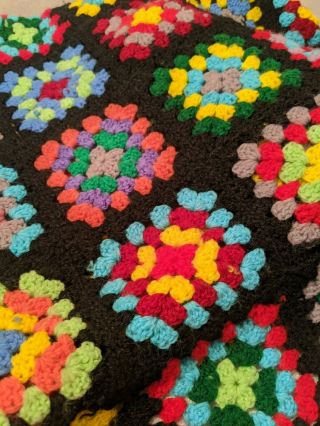 Vintage Granny Square Afghan Blanket Throw Crochet Black Multi Color 45 X 62