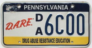 Pennsylvania Dare Specialty License Plate,  Drug Abuse Resistance Education