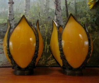 Set Of 2 Vintage Stained Glass Lamp Shades Tulip Shape Orange Glass Roses Globe