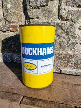 Vintage Duckhams Round Quart Oil Can Tin Garage Automobilia Motoring