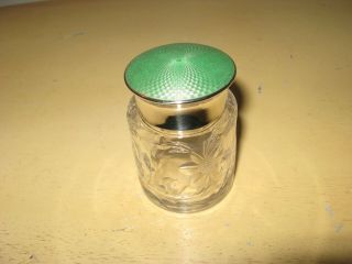 Antique Guilloche Green Enamel Sterling Silver Lid Cut Glass Jar Hallmarks