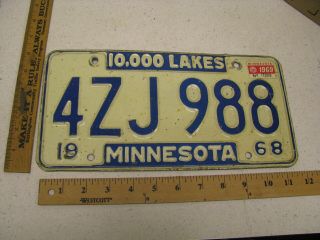 1968 68 1969 69 Minnesota Mn License Plate Tag - 4zj 988 10,  000 Lakes Slogan