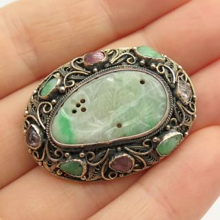 Antique China Silver Carved Jade Gemstone Filigree Handcrafted Pin Brooch