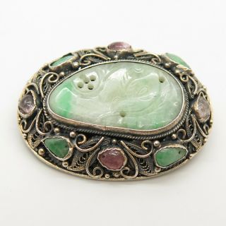 Antique China Silver Carved Jade Gemstone Filigree Handcrafted Pin Brooch 2