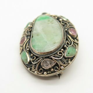 Antique China Silver Carved Jade Gemstone Filigree Handcrafted Pin Brooch 3