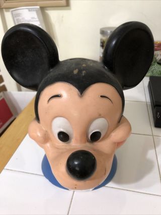 Vintage 1971 Mickey Mouse Head Bust Plastic Coin Piggy Bank Play Pal No Plug