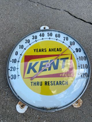 Vintage Kent Feeds Farm 12 Inch Metal - Glass Thermometer Sign