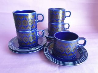 Vintage Hornsea Blue ' Heirloom ' Cups & Saucers x 5,  Designed by John Clappison 2