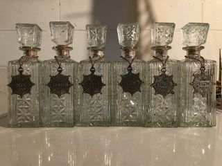 Vintage Set Of 6 Liquor Decanters Crystal With Tags
