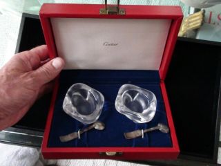 Cartier France Sterling Silver Crystal Salt Cellars And Spoons Set