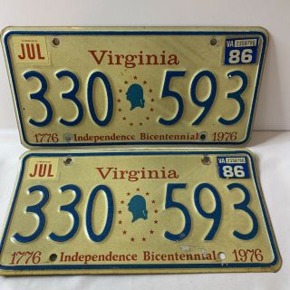 1976 Matching Pair Virginia License Plates Independence Bicentennial 330 593