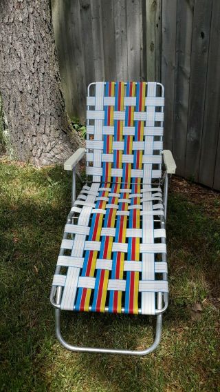 Vintage Aluminum Webbed Chaise Tri - Fold Lawn Lounge Chair White Red Blue Yellow