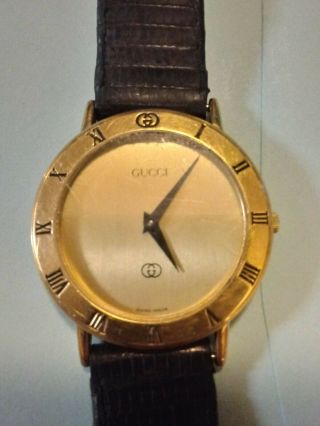 Gucci 3000m 18k Gold Plated Unisex Watch Lizard Grain Straps Vintage