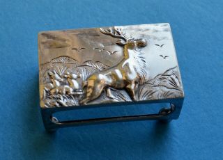 1905 English Sterling Silver Matchbox Holder With Repousse Elk Chased Mountains
