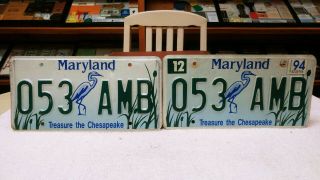 1994 Pair Maryland Md Pass License Plates 053 - Amb